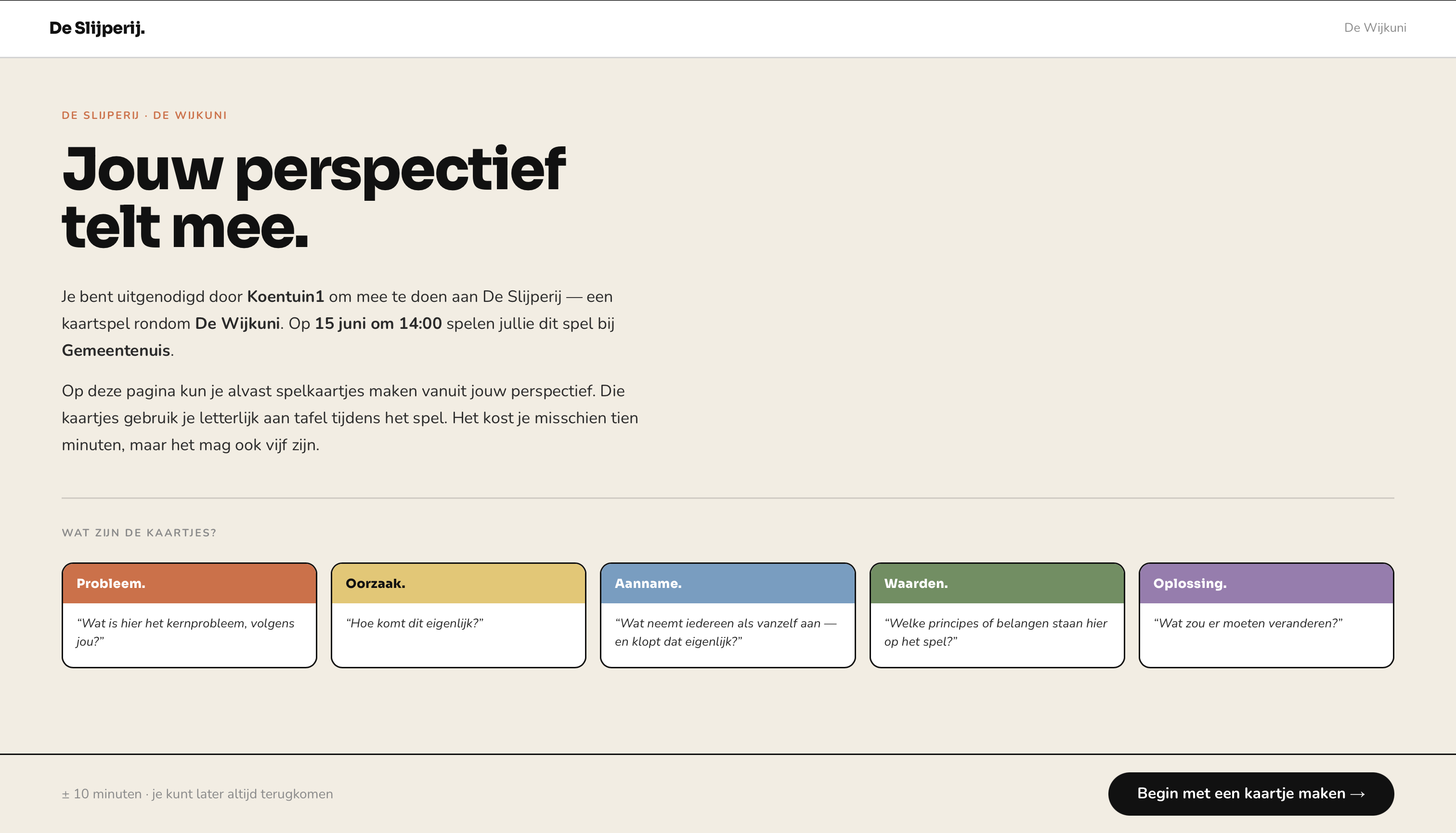 Screenshot uitnodigingsflow: Jouw perspectief telt mee — spelers gaan kaartjes maken