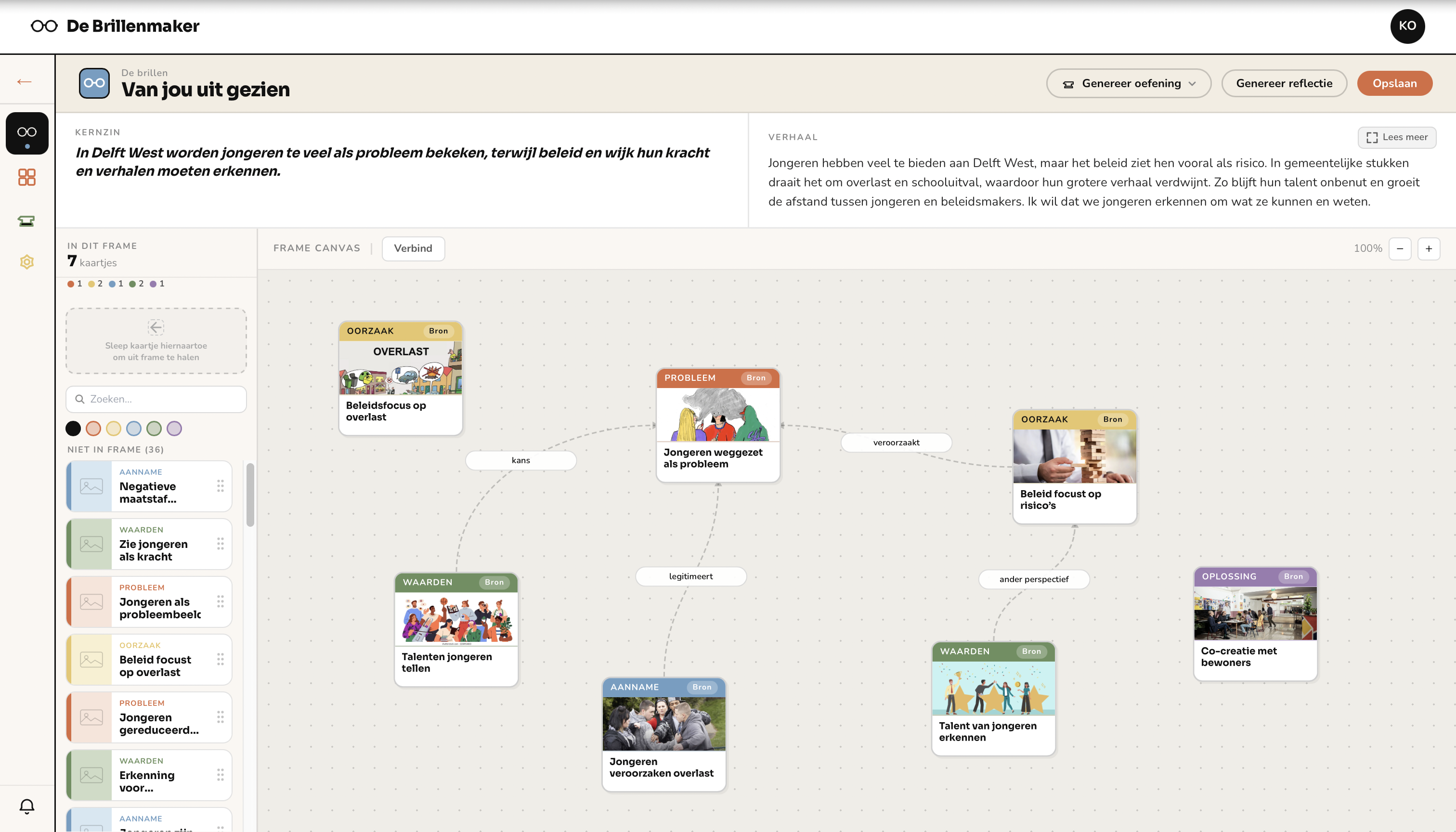 Screenshot bril-canvas: het Miro-achtige frame-bord met kaartjes