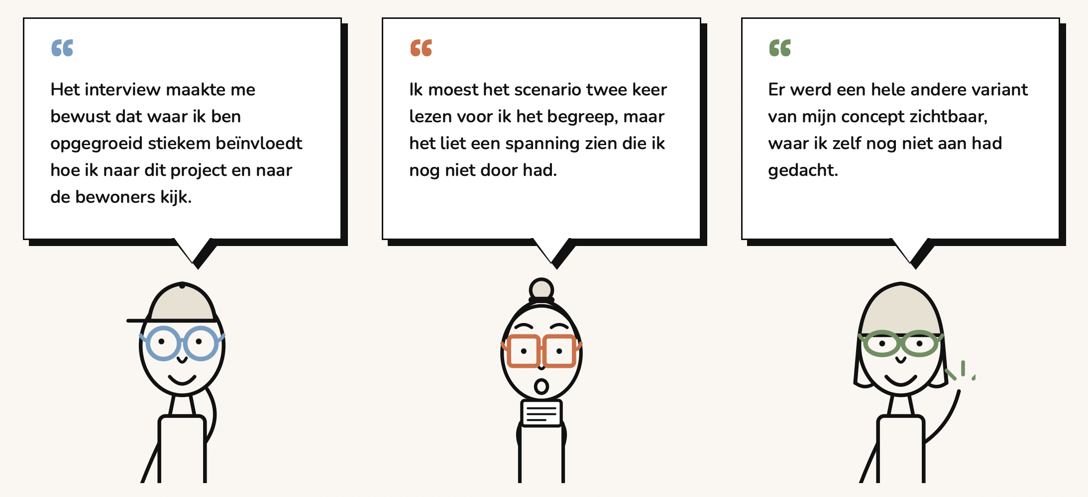 Quotes uit de experimenten: bewustwording van eigen blik, zichtbare spanningen en alternatieve conceptvarianten.