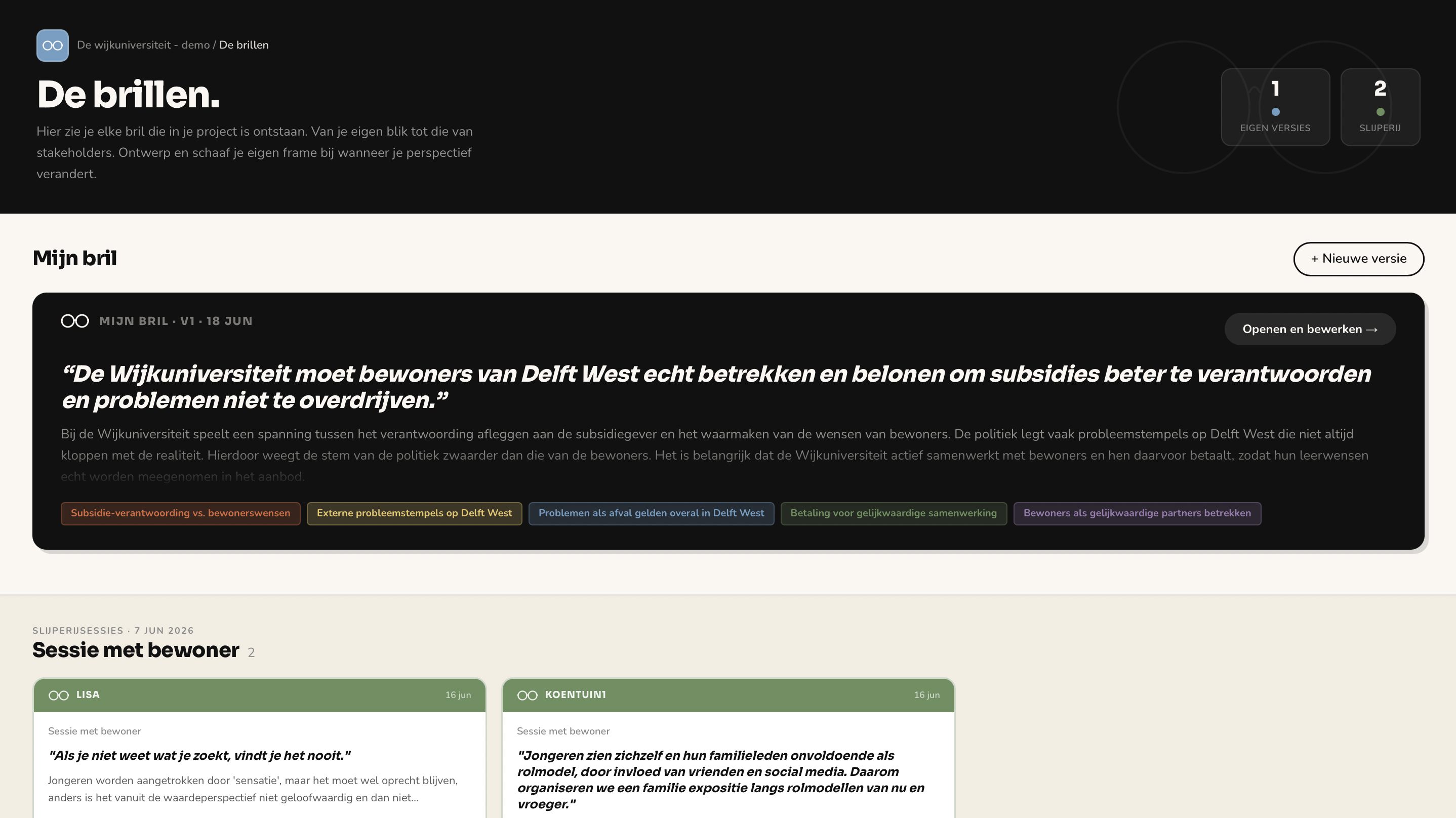 Screenshot van de pagina De brillen