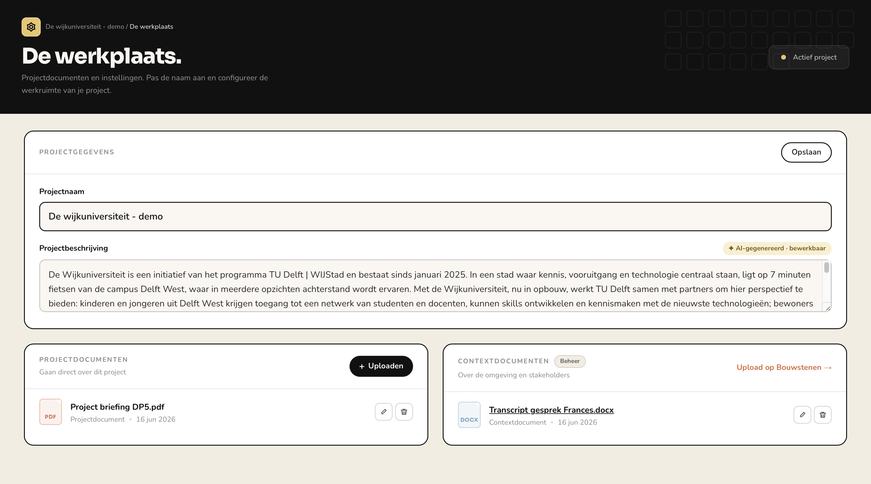 Screenshot van de pagina De werkplaats