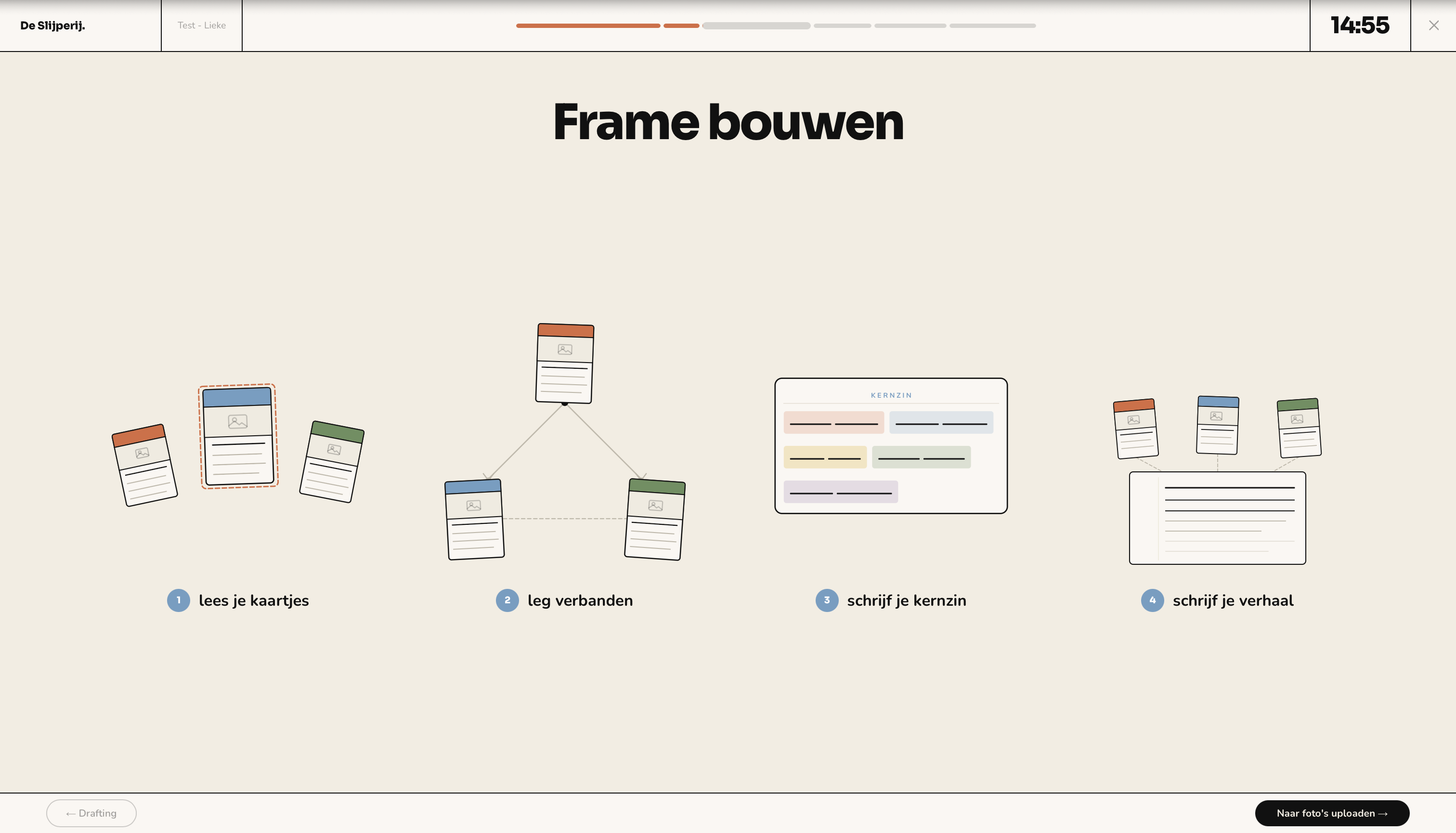 Frame bouwen: fase-instructie op het gedeelde scherm.