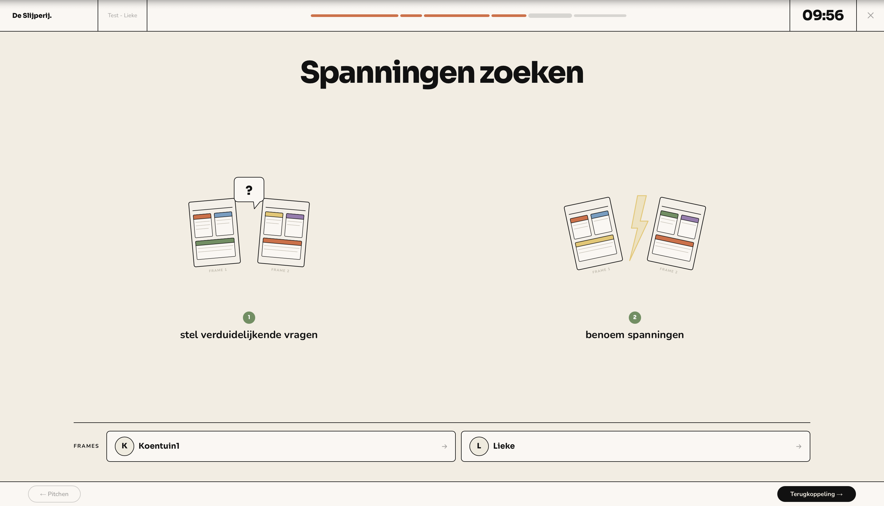 Spanningen zoeken: spelers leggen frames naast elkaar en benoemen de kernspanning.