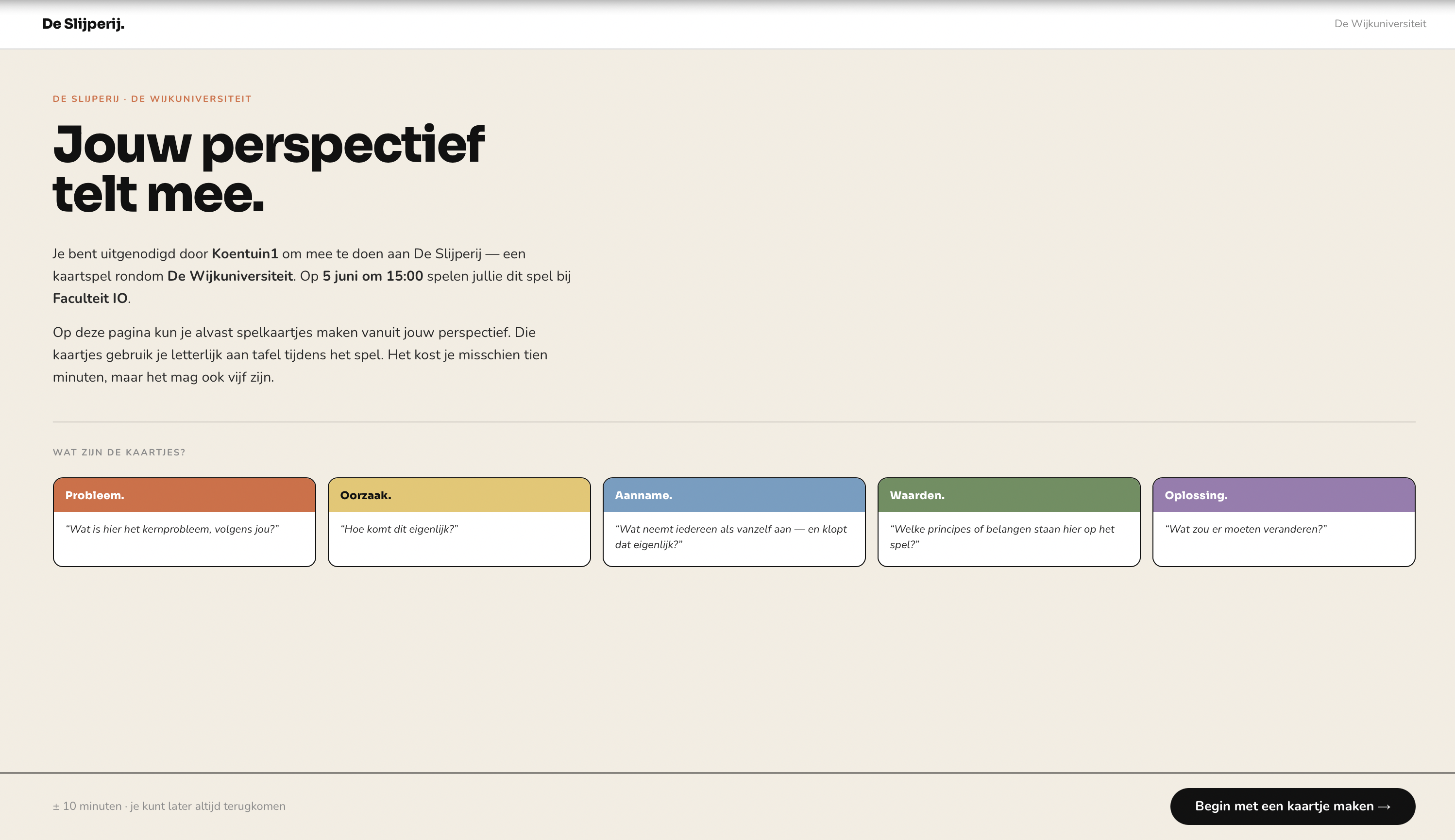 Welkomstscherm: deelnemers worden welkom geheten met korte projectcontext.